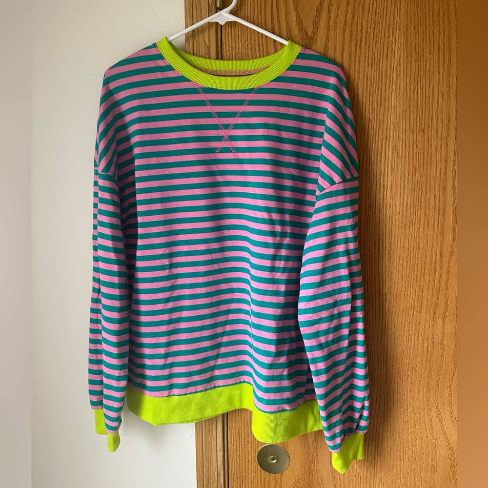 Pink and Green Striped Sweatshirt with Neon Accents